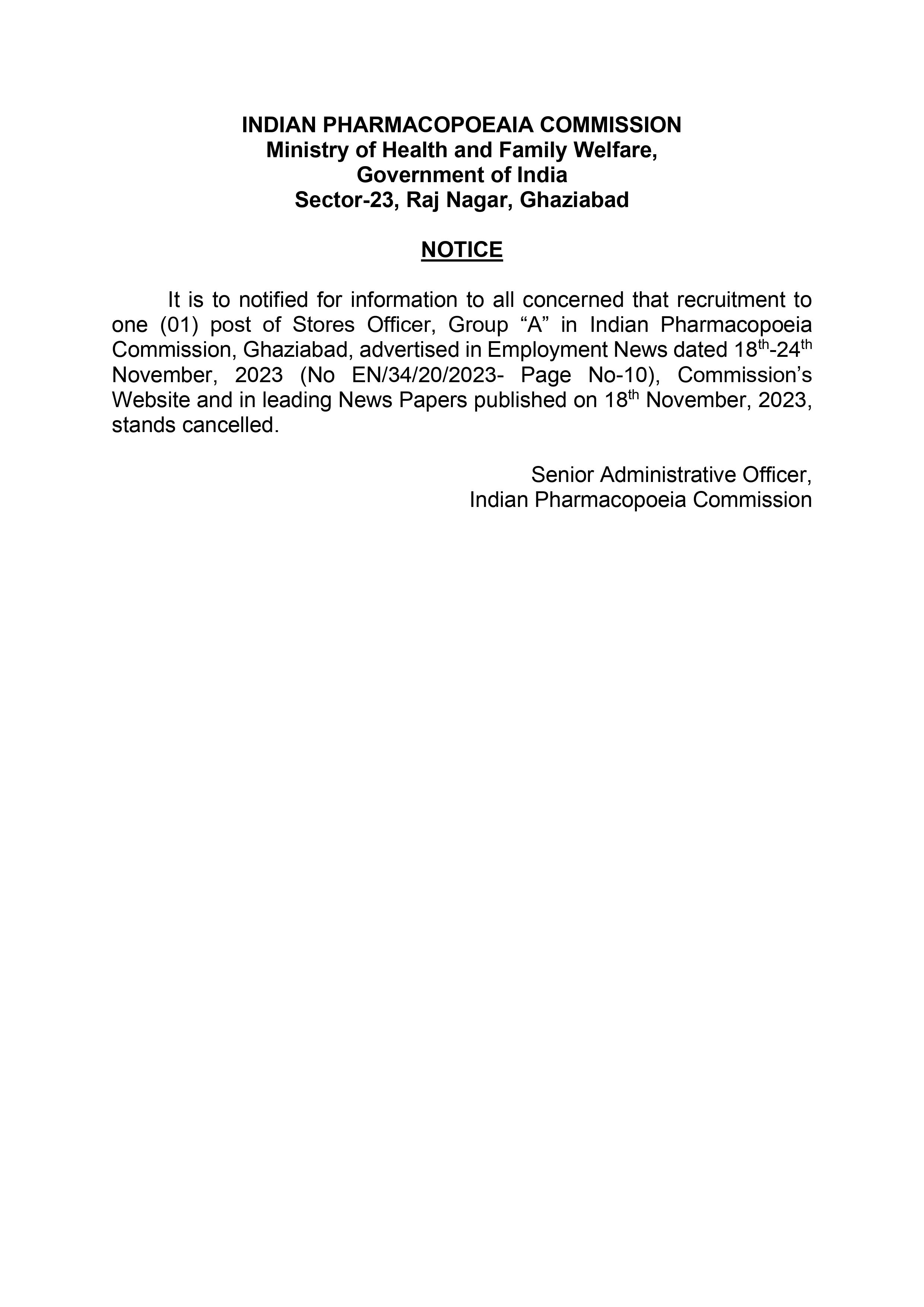 Cancellation of advertisement for the post of Stores Officer in IPC.jpg