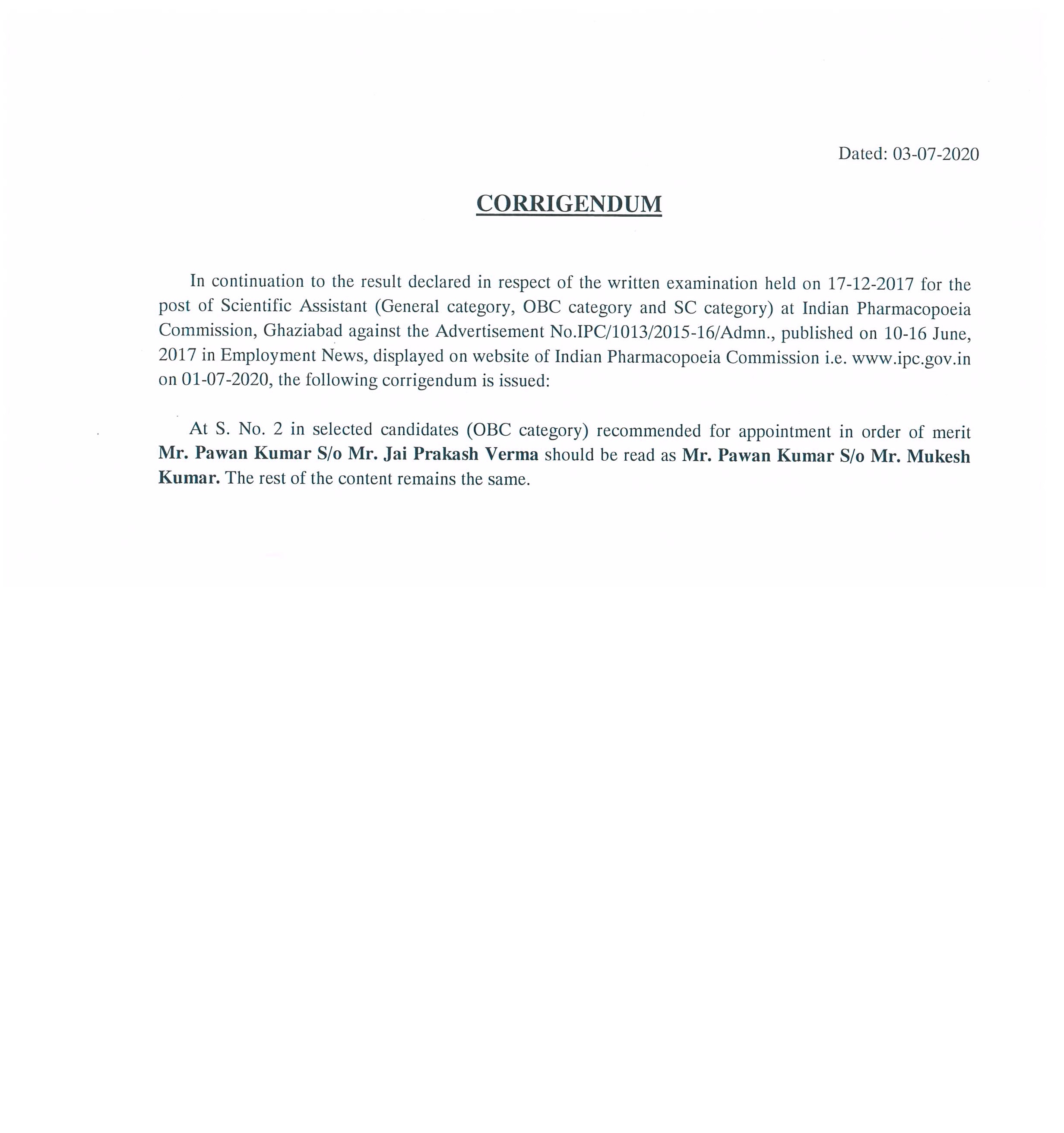 Corrigendum Result of written examination held on 17-12-2017 for the post of Scientific Assistant at Indian Pharmacopoeia Commission.jpg
